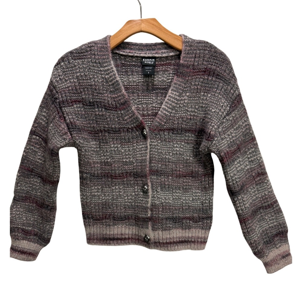 Hot Topic Cosmic Aura Cardigan Grey Purple Skull Buttons Cropped  Chunky Goth S
